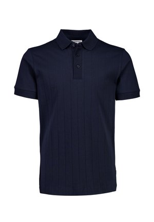 Polo shirt blu navy con texture a coste, maniche corte, patta con tre bottoni e colletto a maglia piatta. Design semplice senza motivi.