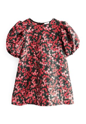 Bloemenjurk met korte pofmouwen, met een zwarte achtergrond en rode, roze en groene bloemenpatronen. Zachte stof, ronde halslijn.
