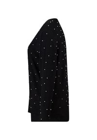 Zwarte trui met een ontspannen pasvorm, voorzien van een gestructureerde afwerking en verspreide witte kralenaccenten voor detail. Eenvoudig ontwerp met ronde hals.