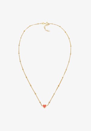 Guld kæden Halskæde med små runde perler og en hjerteformet koralvedhæng. Hjertet er indrammet af en tynd guldkant.