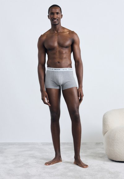 Graue Boxershorts aus weichem Material mit einem weißen Bund, auf dem der Schriftzug "TIGER OF SWEDEN 1903" zu sehen ist. Das Modell steht barfuß auf einem hellen Teppich.