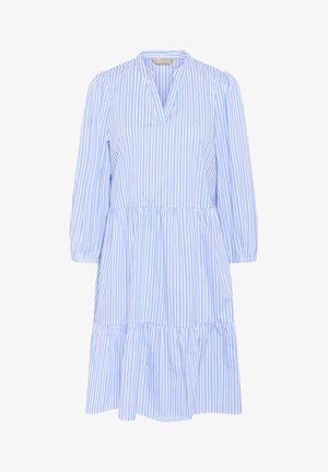 Blau-weiß gestreiftes Kleid mit V-Ausschnitt, dreiviertel Ärmeln und einem gestuften Saum aus leichtem Stoff.