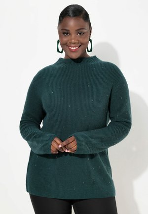 Dunkelgrüner Strickpullover mit hohem Kragen, langen Ärmeln und verstreuten metallischen Akzenten für zusätzliche Textur. Glatte Stoffoberfläche.