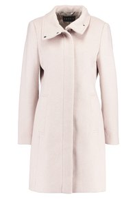 Cappotto in lana rosa chiaro, lungo fino al ginocchio, con colletto alto, bottoni a pressione nascosti, maniche lunghe e tasche laterali, del marchio Esprit.