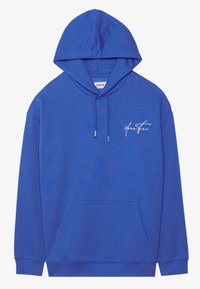 Felpa blu con tasca a canguro frontale, cappuccio con cordino e testo ricamato bianco. Realizzata in tessuto morbido con polsini a costine.