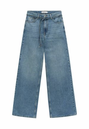 Wide-leg blue denim jeans with a medium wash. Features a drawstring waist, front pocket, and plain finish without additional embellishments.