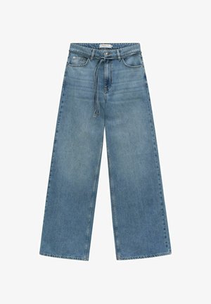 Wide-leg blue denim jeans with a medium wash. Features a drawstring waist, front pocket, and plain finish without additional embellishments.