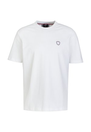 Weißes Baumwoll-T-Shirt mit kurzen Ärmeln und rundem Ausschnitt. Verfügt über ein kleines Wappenemblem in Hellrosa auf der Brust. Glatte Textur.