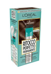 Scatola per kit di colore per capelli con sfondo turchese, dettagli dorati, etichettatura chiara e un pennello applicatore grigio per un utilizzo semplice.