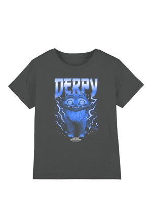 Dark gray cotton t-shirt featuring a blue graphic of a cartoon character labeled "DERPY," surrounded by stylized lightning and stars.