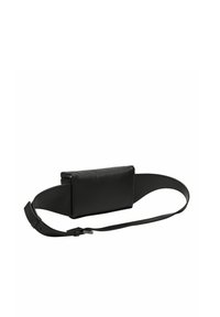 Sac de ceinture en cuir noir avec un compartiment principal rectangulaire, une sangle réglable et une texture lisse. Il est doté d'une fermeture éclair et d'un design minimaliste.