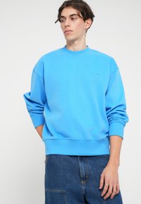 Svetlo modrá mikina vyrobená z mäkkého materiálu, s okrúhlym výstrihom a ribovanými manžetami a lemom. Minimalistické logo na hrudi.