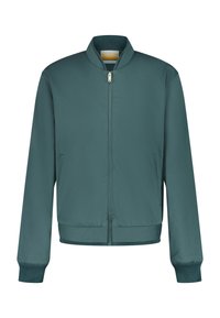 Teal bomberjack gemaakt van gladde stof, met een ribgebreide kraag en manchetten, een rits aan de voorkant en zijzakken. Geen patronen of accenten.