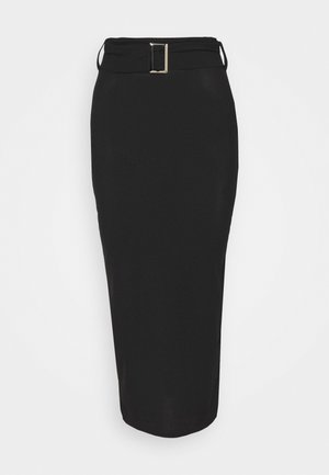 Musta midipitkähame istuvalla siluetilla, leveällä vyötärönauhalla ja suorakaiteen muotoisella kultaisen sävyn soljella. Sileä, joustava kangas.