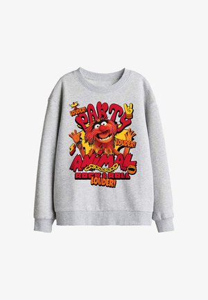Hellgrauer Sweatshirt mit farbenfroher Grafik einer rothaarigen Muppet-Tierfigur und dem Text "Party Animal Rock & Roll Louder!"