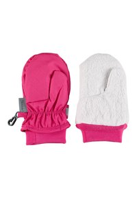 Pink mittens with a waterproof outer and soft inner lining. Features elastic cuffs and a clip for easy attachment. Distinctive color contrast.