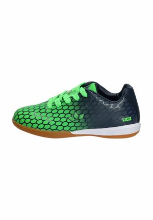 Green and navy athletic shoe with a hexagonal pattern, featuring green laces, a textured upper, and a gum rubber sole. Lico logo on the side.