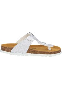 Hvide flip-flop sandaler med en blank leopardmønstret strop, naturlig kork sål og slidstærk hvid gummi sål. Teksturerede snorede detaljer.