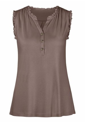 Sleeveless top in light brown fabric with a soft sheen, featuring a ruffled neckline, a button-down placket, and a relaxed A-line shape.