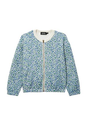 Veste à fermeture éclair à motif floral avec des fleurs bleues et vertes, col côtelé blanc et manches longues.