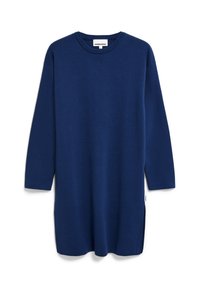 Robe en maille bleu marine à manches longues avec un col rond, des fentes latérales et une coupe décontractée. Étiquette visible à la couture de la hanche.