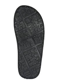 Black rubber shoe sole featuring a textured surface with geometric patterns and raised accents for grip and durability.