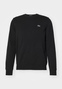 Sort crewneck sweaterversion af strikket stof med ribstrikkede ærmer og kant. Har et lille grønt broderet krokodillelogo på brystet.