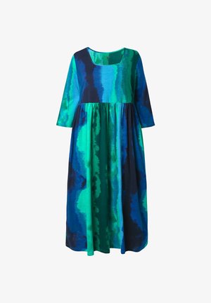 Maxi-jurk met een vierkante halslijn, driekwartmouwen en een vloeiende silhouet. Heeft blauwe en groene aquarelpatronen op een zachte stof.