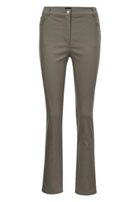 Uitgebreide broek van olijfgroen stof, met een knoopsluiting en zijzakken. Zachte textuur met subtiele stiksels aan de voorkant.