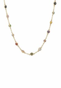 Gold chain necklace featuring multicolored stone beads, each uniquely shaped with facets, spaced evenly along the chain.
