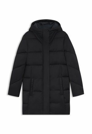 Schwarze Steppjacke mit Kapuze, im gesteppten Design, zwei seitlichen Taschen und geradem Schnitt mit verstecktem Front-Reißverschluss.