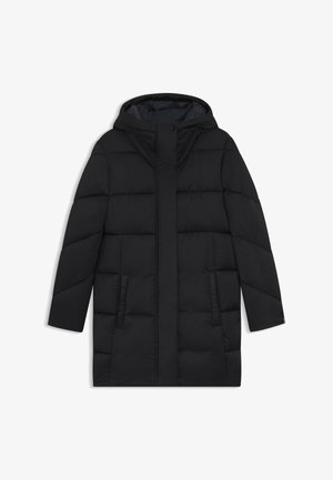 Svart pufferjacka med huva, med en quiltad design, två sidofickor och rak skärning med en dold framdragkedja.