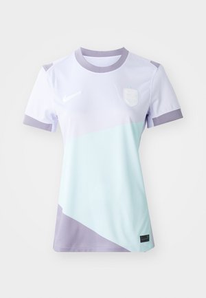 Tricou Nike cu mâneci scurte, design colorat în tonuri de mov deschis și verde mentă, guler rotund și logo brodat.
