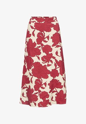 Floral midi skirt featuring a light cream background with large red flower patterns, crafted from textured fabric with an elastic waistband.