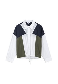 Chemise à col classique, courte, en panneaux blancs, bleu marine et olive, avec un ourlet à cordon de serrage. Tissu lisse avec une coupe structurée.