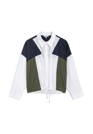 Geknipt button-up shirt met panelen in wit, marineblauw en olijfgroen, voorzien van een drawstring zoom en een klassieke kraag. Glad materiaal met een gestructureerde pasvorm.