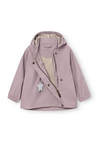 Giacca viola chiaro con cappuccio, dotata di una fodera beige, chiusura a pressione e zip, polsini elasticizzati e un tirazip a forma di stella.