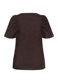 Blouse marron foncé à manches courtes avec manches bouffantes et encolure carrée vue de dos.