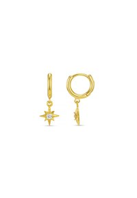 Guld hoops øreringe har en stjernesformet charm med en central ædelsten, der fremviser en poleret overflade og et hængende design.