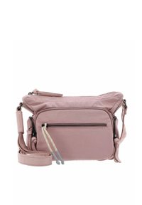 Pink nylon crossbody bag with adjustable strap, multiple zippered compartments, and a soft texture. Features minimalist design and contrasting hardware.