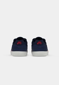 Jūras zila zamša slēpju apavi ar sarkano Nike SB logotipu, baltu gumijas zoli, mīkstu apmalīti un minimālistisku dizainu. Divu krāsu shēma.