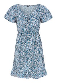 Robe fleurie en tissu bleu avec manches courtes évasées, décolleté en V, taille froncée et ourlet à volants, ornée de motifs de fleurs roses et blanches.