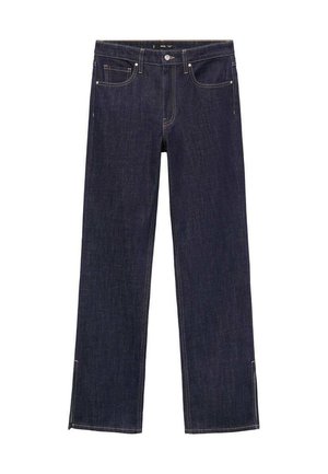 Dunkelblaue Denim-Jeans mit geradem Bein, fünf Taschen und kontrastierenden Nähten. Der Saum hat seitliche Einschnitte für zusätzlichen Stil.