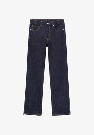 Dunkelblaue Denim-Jeans mit geradem Bein, fünf Taschen und kontrastierenden Nähten. Der Saum hat seitliche Einschnitte für zusätzlichen Stil.