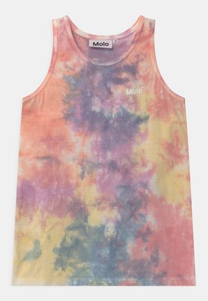 Tie-Dye-Trägertop in pastellfarbenen Tönen von Pink, Lila und Gelb. Aus weichem Stoff gefertigt, mit rundem Halsausschnitt und kleinem "Molo"-Logo.