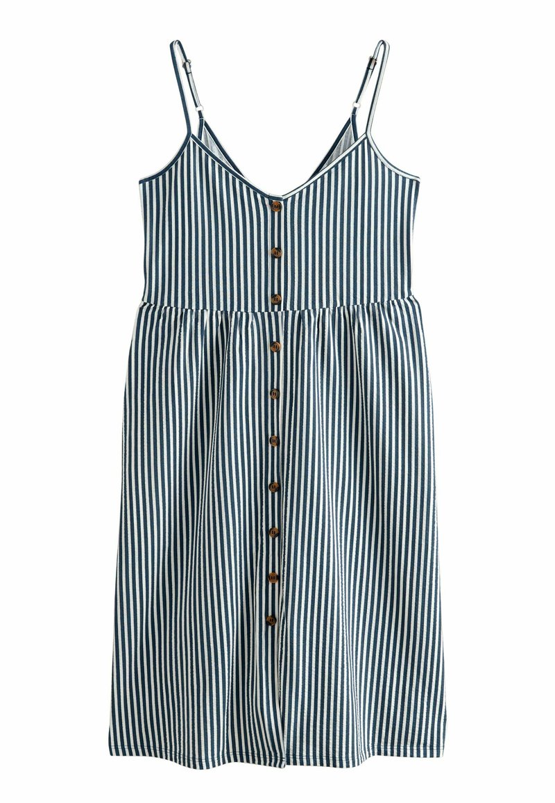 Vestido sin mangas de rayas con escote en V, rayas verticales azules y blancas, botones de madera en la parte delantera, cintura fruncida y textura de tela.
