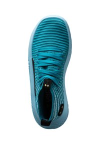 Scarpa sportiva turchese con tomaia in maglia texturizzata, dotata di lacci piatti e colletto alla caviglia imbottito. Suola in gomma con dettagli del logo.