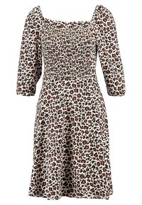 Šaty s leopardím potiskem, čtvercovým výstřihem, úzkým pasem a rozšířenou sukní. Vyrobeno z lehkého materiálu, s detailem z pružné smocking.