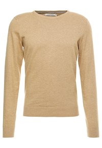 Pull en beige clair avec manches longues, encolure ronde et ourlet côtelé. Texture douce, design minimal sans motifs ni accessoires visibles.