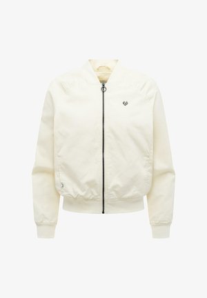 Kurtka bomberka w kolorze ecru z prążkowanymi mankietami i dołem, przednim suwakiem z okrągłym uchwytem oraz małym srebrnym logo na lewej piersi.